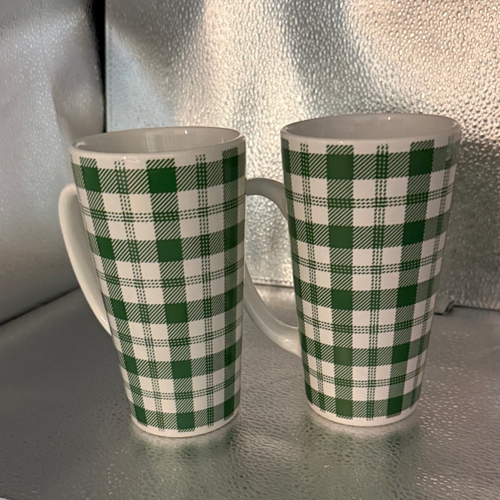California Pantry Green and White GinghamCeramic Mugs